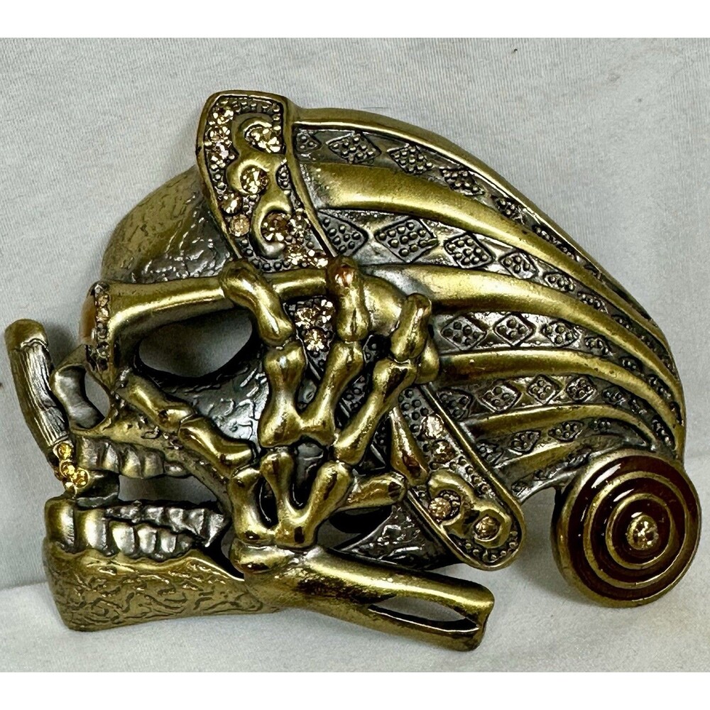 Metal Skull Belt Buckle-Silver/Gold Tone *Gold Rhinestones/Gems* Goth Punk Bones
